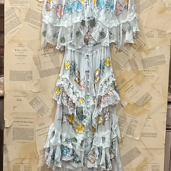 Free People Fillyboo Sweet Pea Tambourine Maxi Dress Off The Shoulder Gray Blue - Picture 5 of 6